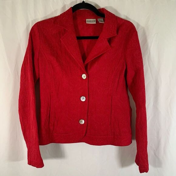 Chico's Jacket Women's 0 Small Red Floral 3 Button Front Long Sleeve - Picture 1 of 7